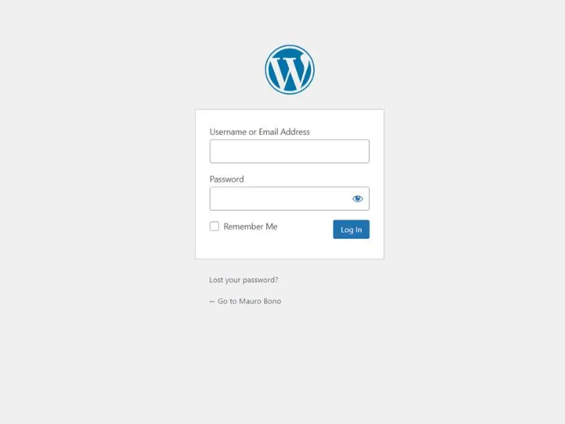 Default WordPress Login Page design with WordPress logo and a form in the middle of the page
