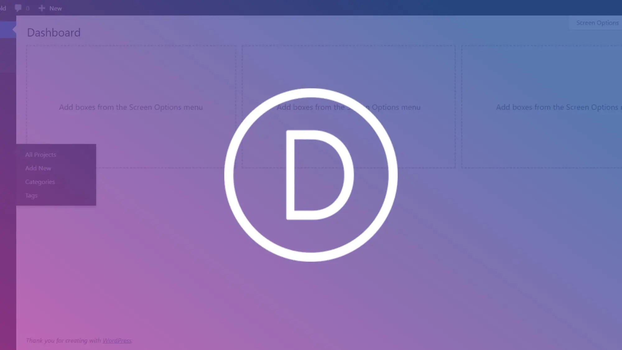 Divi logo and in the background WP dashboard with in evidence Project custom post type
